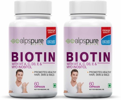 ALPSPURE Biotin with Vitamin A,C,D3|High Potency|Promotes Healthy Hair,Skin and Nails-Pack2(2 x 60 No)