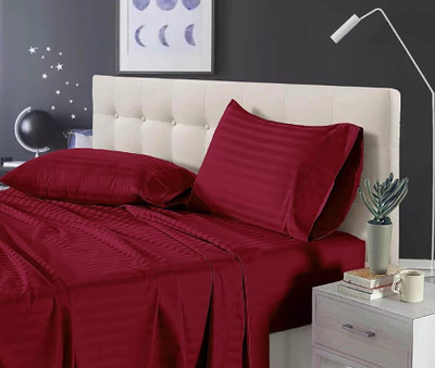 mavihs 210 TC Satin Double Striped Flat Bedsheet(Pack of 1, Red)
