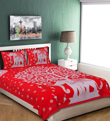 FrionKandy Living 104 TC Cotton Double Jaipuri Prints Flat Bedsheet(Pack of 1, Red)