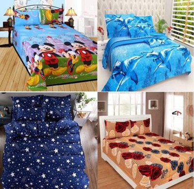 Shyokandfab 164 TC Polycotton Double 3D Printed Flat Bedsheet(Pack of 4, Multicolor)