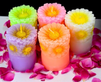 Featherlight Scented Wax Fragranced Pillar Candles Candles for Home/Office/Spa/Casual Decoration (Set of 5 Pieces) Candle(Green, White, Pink, Orange, Purple, Pack of 5)