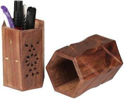 craftssrw 2 Compartments WOODEN PEN STAND(Brown)