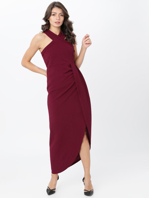 Tokyo Talkies Women A-line Maroon Midi/Calf Length Dress