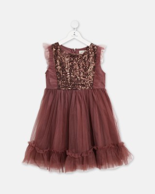 Nitt Hyman  - Cherry Crumble Girls Midi/Knee Length Party Dress(Brown, Short Sleeve)