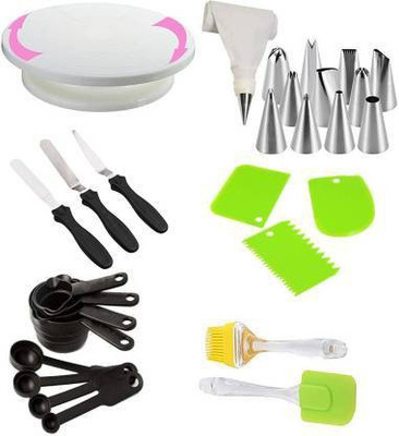 DEAGAN Cake combo set of 6 Cake Decorating Kits 12 Piece Cake Decorating nozzles set with Silicone Icing Bag and Coupler, Cake Making Revolving Turn Table, 3-in-1 Multi-Function Stainless Steel Cake Icing Spatula Knife Set and Plastic Dough Bench Scraper Cake Cutter, and Silicone Basting Brush and s