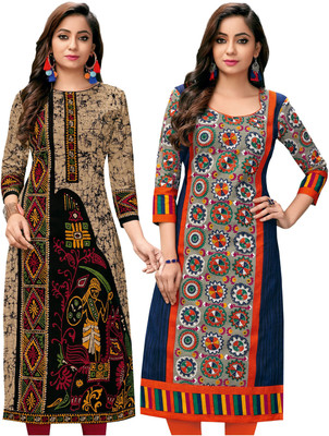 Jevi Prints Women Printed Straight Kurta(Blue, Beige)