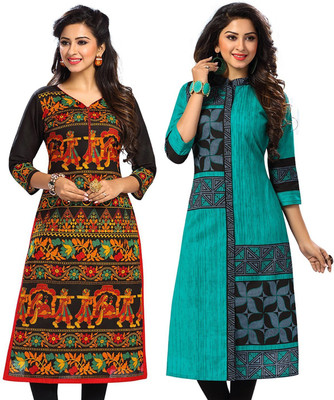 Jevi Prints Women Floral Print Straight Kurta(Multicolor, Green)