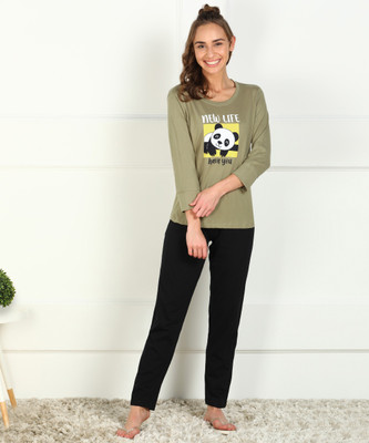 Dreambe Women Printed Black, Green Top & Pyjama Set