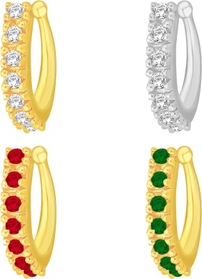 VSHINE FASHION JEWELLERY Pleasant Pressing NoseRing Traditional Multicolor Stone Studded American Diamond Gold & Rhodium Plated Stylish Fancy Nose Pin Ring Fashion Jewellery Set for Women and Girls Cubic Zirconia Gold-plated, Rhodium Plated Alloy, Brass Nose Ring Set(Pack of 4)