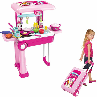 Gi4n Little Chef 2 in 1 Kitchen Play Set, Pretend Play Luggage Kitchen Kit for Kids with Suitcase Trolley