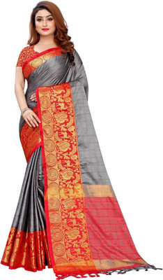 SEASON FAB Color Block, Woven, Animal Print, Dyed Paithani Jacquard, Cotton Silk Saree(Grey)