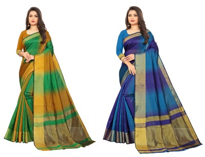 Alka Fashion Woven Bollywood Cotton Silk Saree(Pack of 2, Green, Blue)