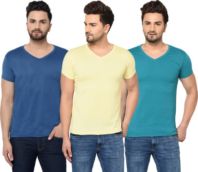 Jangoboy Solid Men V Neck Blue, Yellow T-Shirt