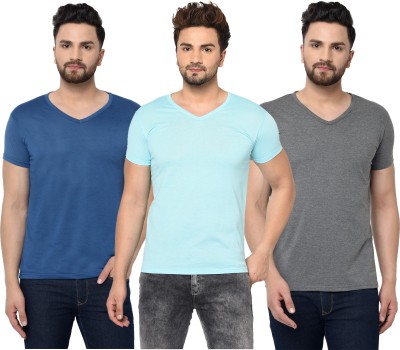 Jaskart Solid Men V Neck Dark Blue, Light Blue, Grey T-Shirt