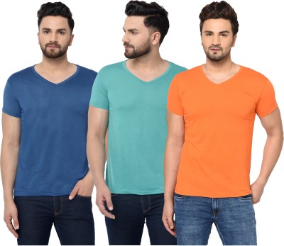 Jaskart Solid Men V Neck Dark Blue, Light Blue, Orange T-Shirt