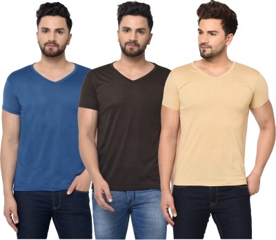 Adorbs Solid Men V Neck Blue, Brown, Beige T-Shirt