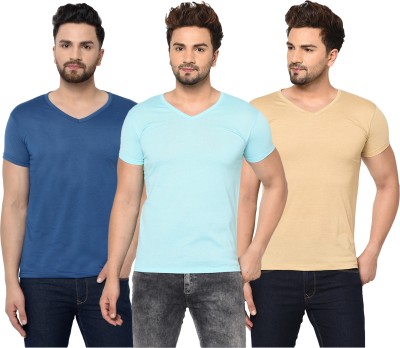 Jangoboy Solid Men V Neck Dark Blue, Light Blue, Beige T-Shirt