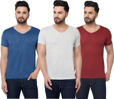 Jaskart Solid Men V Neck Maroon, Blue, Grey T-Shirt