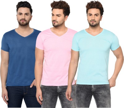 Tivy Solid Men V Neck Dark Blue, Light Blue, Pink T-Shirt