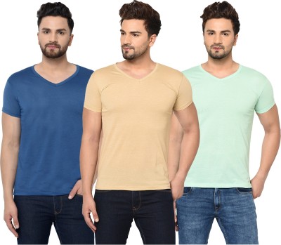 Jaskart Solid Men V Neck Dark Blue, Green, Beige T-Shirt