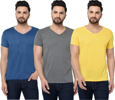 Jangoboy Solid Men V Neck Blue, Grey, Yellow T-Shirt