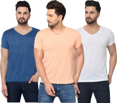 Adorbs Solid Men V Neck White, Blue, Orange T-Shirt