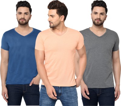 Tivy Solid Men V Neck Blue, Orange, Grey T-Shirt