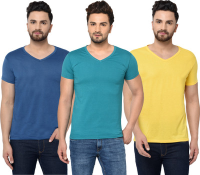 Adorbs Solid Men V Neck Blue, Yellow T-Shirt