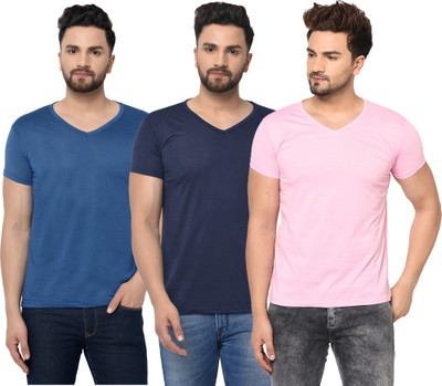 Jangoboy Solid Men V Neck Dark Blue, Blue, Pink T-Shirt
