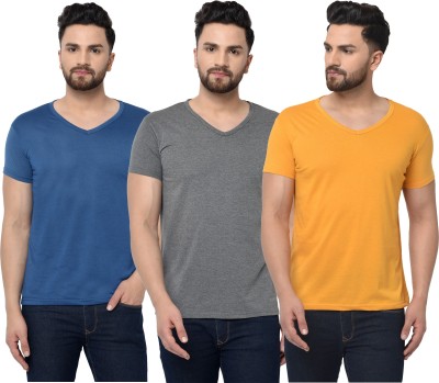 Jaskart Solid Men V Neck Blue, Grey, Yellow T-Shirt