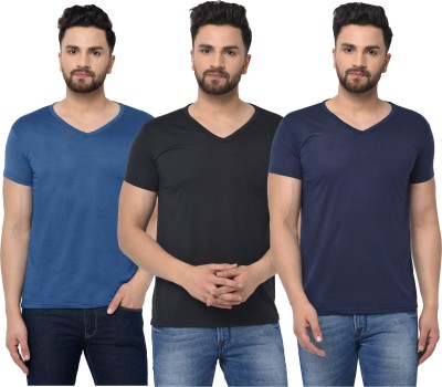 Tivy Solid Men V Neck Dark Blue, Black T-Shirt