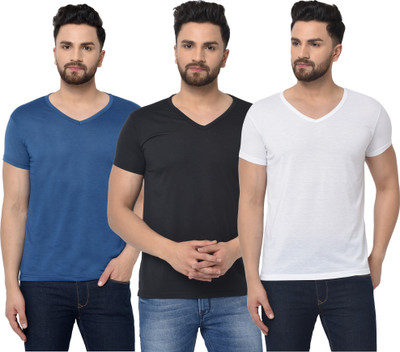 Jangoboy Solid Men V Neck Dark Blue, White, Black T-Shirt