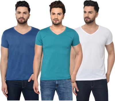 Adorbs Solid Men V Neck Dark Blue, White, Blue T-Shirt