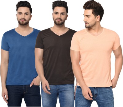 Tivy Solid Men V Neck Blue, Black, Beige T-Shirt