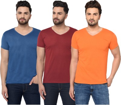 Tivy Solid Men V Neck Maroon, Blue, Orange T-Shirt