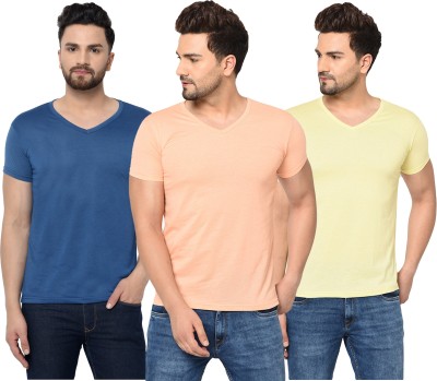 Jangoboy Solid Men V Neck Dark Blue, Orange, Yellow T-Shirt