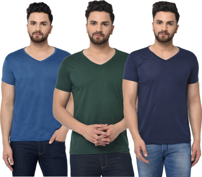 Jangoboy Solid Men V Neck Green, Blue T-Shirt
