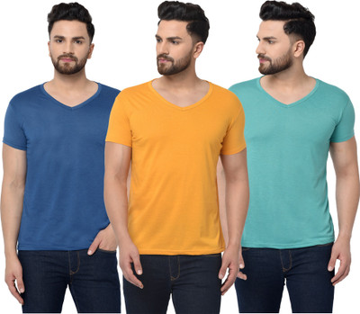 Jangoboy Solid Men V Neck Dark Blue, Light Blue, Yellow T-Shirt