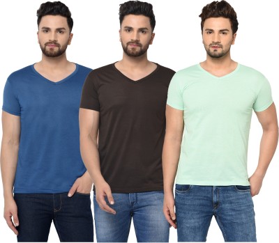 Jaskart Solid Men V Neck Blue, Brown, Light Green T-Shirt