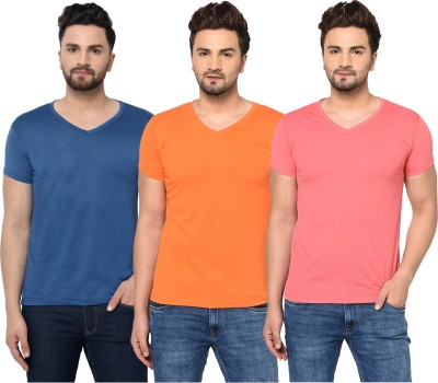 Jangoboy Solid Men V Neck Dark Blue, Pink, Orange T-Shirt