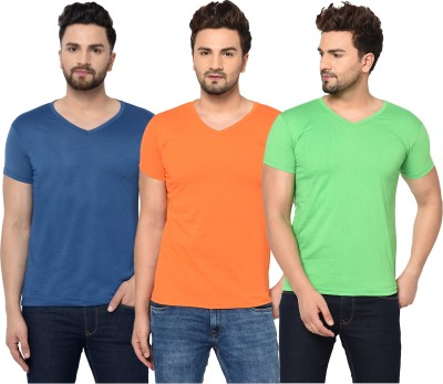 Jaskart Solid Men V Neck Dark Blue, Orange, Light Green T-Shirt