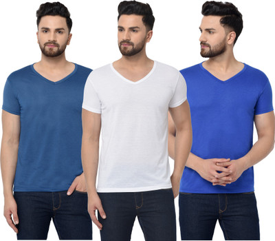 Jangoboy Solid Men V Neck Dark Blue, White, Blue T-Shirt