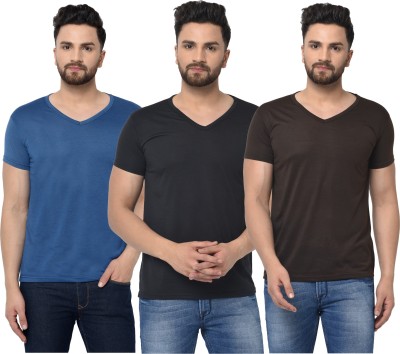 Jaskart Solid Men V Neck Brown, Blue, Black T-Shirt