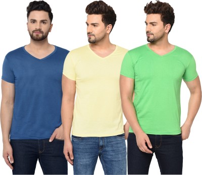 Jaskart Solid Men V Neck Dark Blue, Yellow, Light Green T-Shirt