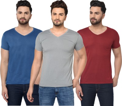 Jaskart Solid Men V Neck Maroon, Blue, Grey T-Shirt