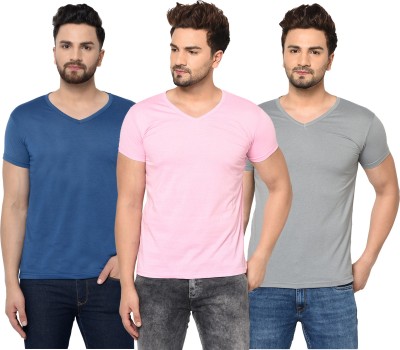 Jaskart Solid Men V Neck Dark Blue, Pink, Grey T-Shirt