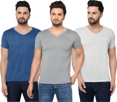 Tivy Solid Men V Neck White, Blue, Grey T-Shirt