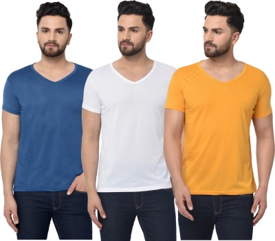 Jaskart Solid Men V Neck Dark Blue, White, Yellow T-Shirt