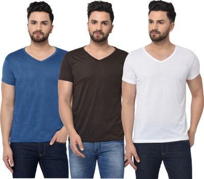 Adorbs Solid Men V Neck Dark Blue, White, Brown T-Shirt