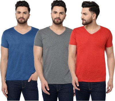 Tivy Solid Men V Neck Dark Blue, Red, Grey T-Shirt